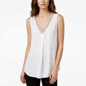 NWT Adrienne Vittadini Rhinestone Top Small White Sleeveless  V Neck Chiffon